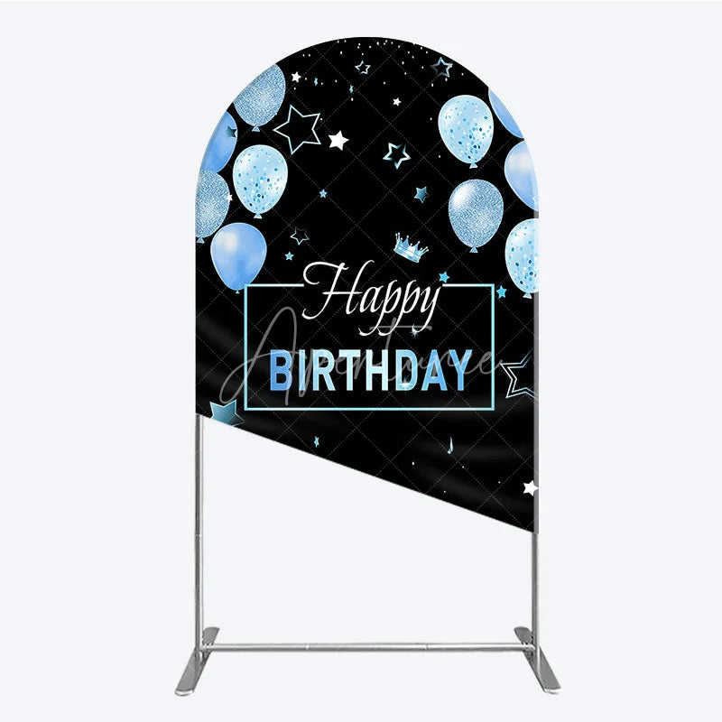 Aperturee - Aperturee Elegant Black and Blue Happy Birthday Arch Backdrop Kit Festive Balloons Stars and Crown Party Decor