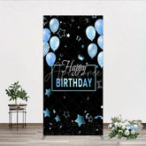Aperturee - Aperturee Elegant Black and Blue Happy Birthday Rectangle Backdrop Kit Festive Balloons Stars and Crown Party Decor