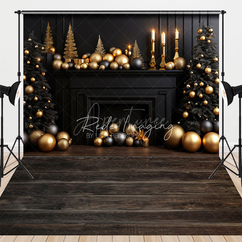 Aperturee - Aperturee Elegant Black and Gold Christmas Fireplace Combo Set Backdrop for Holiday Minis Professional Studio Decor