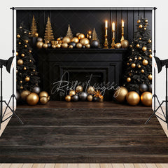 Aperturee - Aperturee Elegant Black and Gold Christmas Fireplace Combo Set Backdrop for Holiday Minis Professional Studio Decor