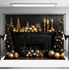 Aperturee - Aperturee Elegant Black and Gold Christmas Fireplace Combo Set Backdrop for Holiday Minis Professional Studio Decor