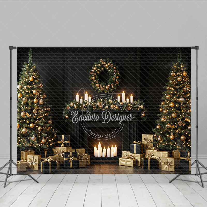 Aperturee - Aperturee Elegant Black and Gold Christmas Photography Backdrop Modern Fireplace with Trees Luxury Holiday Photo Background