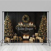 Aperturee - Aperturee Elegant Black and Gold Christmas Photography Backdrop Modern Fireplace with Trees Luxury Holiday Photo Background