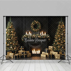 Aperturee - Aperturee Elegant Black and Gold Christmas Photography Backdrop Modern Fireplace with Trees Luxury Holiday Photo Background