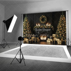 Aperturee - Aperturee Elegant Black and Gold Christmas Photography Backdrop Modern Fireplace with Trees Luxury Holiday Photo Background