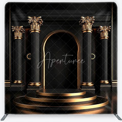 Aperturee - Aperturee Elegant Black and Gold Classical Columns Square Double-Sided Backdrop Archway and Tiered Podium Photography Decor