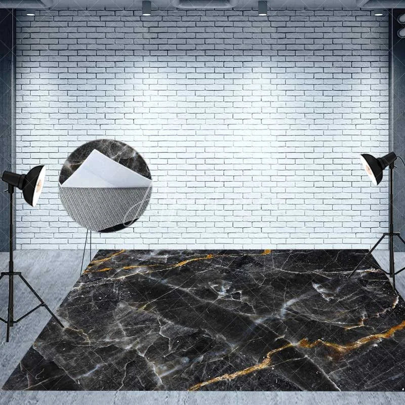 Aperturee - Aperturee Elegant Black and Gold Crown Combo Set Backdrop with Feathers and Marble Floor