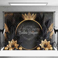 Aperturee - Aperturee Elegant Black and Gold Crown Combo Set Backdrop with Feathers and Marble Floor
