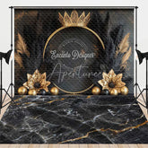 Aperturee - Aperturee Elegant Black and Gold Crown Combo Set Backdrop with Feathers and Marble Floor