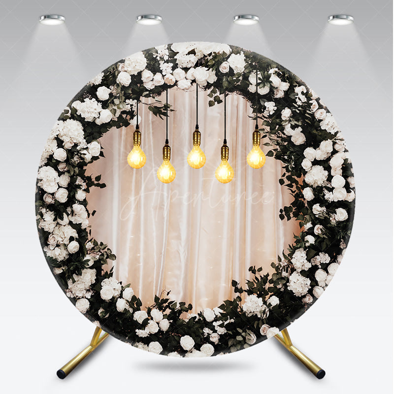 Aperturee - Aperturee Elegant Black and Gold Floral Round Backdrop Wedding or Anniversary Party Romantic Moody Botanical Photo Prop