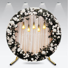 Aperturee - Aperturee Elegant Black and Gold Floral Round Backdrop Wedding or Anniversary Party Romantic Moody Botanical Photo Prop