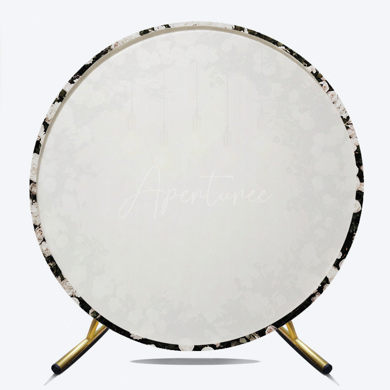 Aperturee - Aperturee Elegant Black and Gold Floral Round Backdrop Wedding or Anniversary Party Romantic Moody Botanical Photo Prop