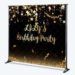 Aperturee - Aperturee Elegant Black and Gold Glitter Custom Birthday Party Backdrop featuring Sparkling Stars and Confetti