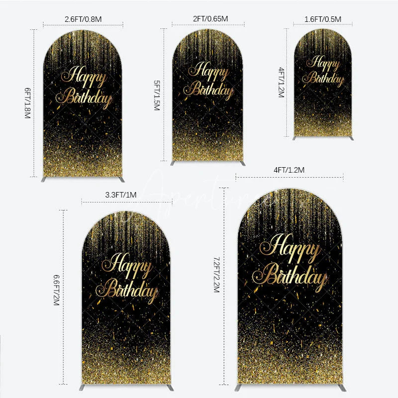 Aperturee - Aperturee Elegant Black and Gold Glitter Happy Birthday Round Top Arch Backdrop Sparkling Confetti Party Decor