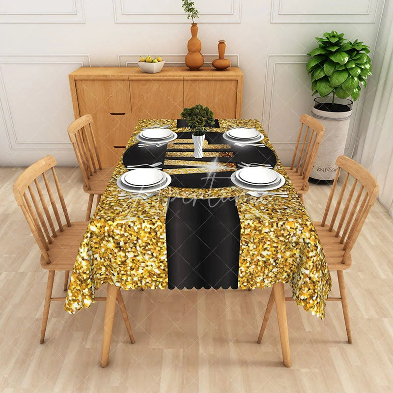 Aperturee - Aperturee Elegant Black and Gold Glitter Tablecloth Modern Sparkle Decor for Birthday Anniversary or Holiday Party