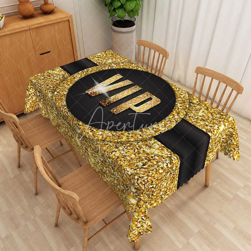 Aperturee - Aperturee Elegant Black and Gold Glitter Tablecloth Modern Sparkle Decor for Birthday Anniversary or Holiday Party