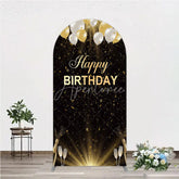 Aperturee - Aperturee Elegant Black and Gold Happy Birthday Arch Backdrop Festive Balloons Confetti and Champagne Decor