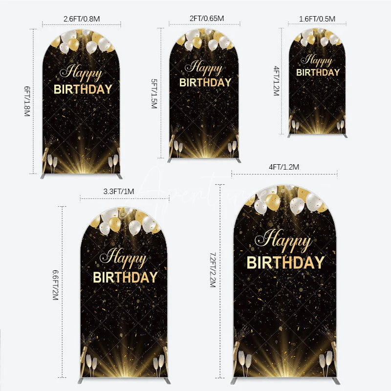 Aperturee - Aperturee Elegant Black and Gold Happy Birthday Arch Backdrop Festive Balloons Confetti and Champagne Decor