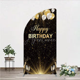Aperturee - Aperturee Elegant Black and Gold Happy Birthday Half Moon Arch Backdrop Festive Balloons Confetti and Champagne Decor