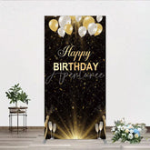 Aperturee - Aperturee Elegant Black and Gold Happy Birthday Rectangle Backdrop Festive Balloons Confetti and Champagne Decor