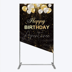 Aperturee - Aperturee Elegant Black and Gold Happy Birthday Rectangle Backdrop Festive Balloons Confetti and Champagne Decor