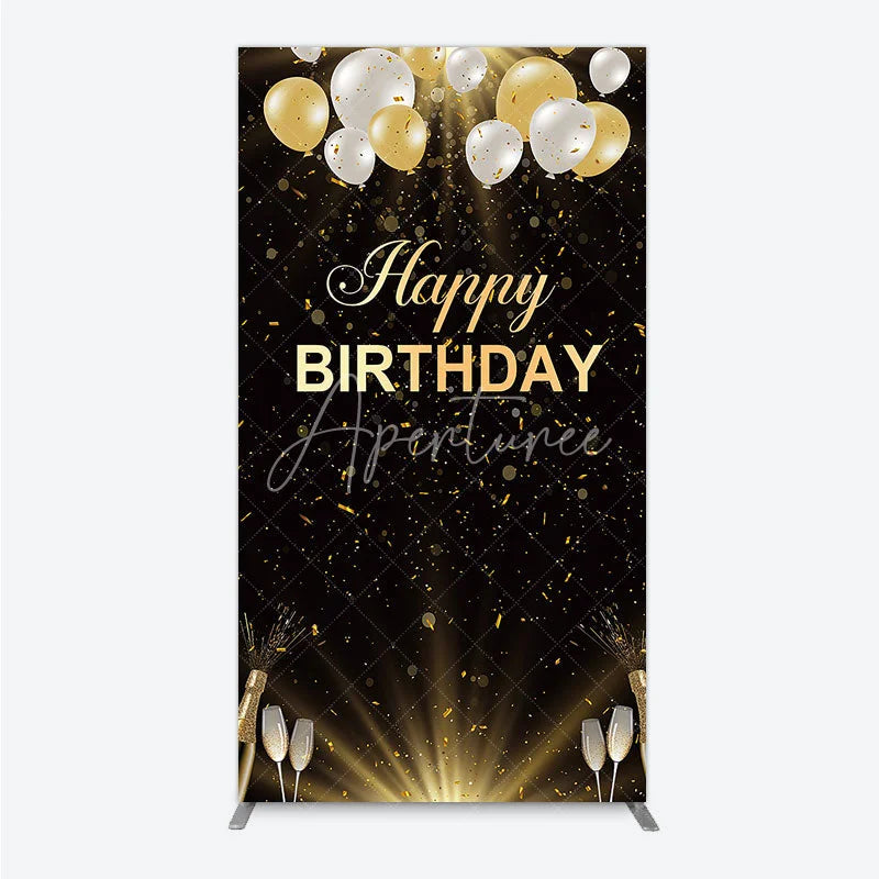 Aperturee - Aperturee Elegant Black and Gold Happy Birthday Rectangle Backdrop Festive Balloons Confetti and Champagne Decor