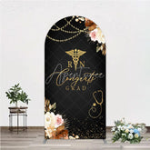 Aperturee - Aperturee Elegant Black and Gold RN Caduceus Congrats Grad Arch Backdrop Kit Floral Stethoscope Graduation Party Decor