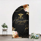 Aperturee - Aperturee Elegant Black and Gold RN Caduceus Congrats Grad Half Moon Arch Backdrop Kit Floral Stethoscope Graduation Party Decor