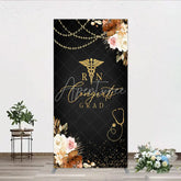 Aperturee - Aperturee Elegant Black and Gold RN Caduceus Congrats Grad Rectangle Backdrop Kit Floral Stethoscope Graduation Party Decor
