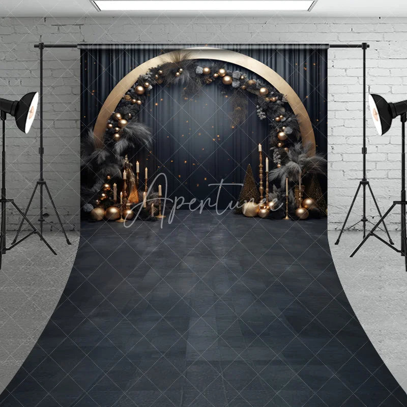 Aperturee - Aperturee Elegant Black and Gold Sweep Backdrop with Golden Arch Dark Foliage and Festive Baubles for Celebrations
