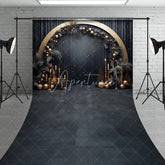 Aperturee - Aperturee Elegant Black and Gold Sweep Backdrop with Golden Arch Dark Foliage and Festive Baubles for Celebrations
