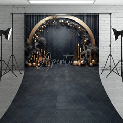 Aperturee - Aperturee Elegant Black and Gold Sweep Backdrop with Golden Arch Dark Foliage and Festive Baubles for Celebrations