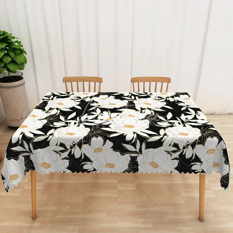 Aperturee - Aperturee Elegant Black and White Floral Tablecloth for Modern Minimalist or Formal Dining Table Decor