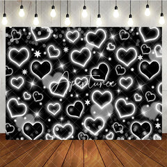 Aperturee - Aperturee Elegant Black and White Glowing Heart and Star Y2K Birthday Backdrop Sparkling Glitter Celebration Party Decoration