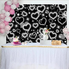 Aperturee - Aperturee Elegant Black and White Glowing Heart and Star Y2K Birthday Backdrop Sparkling Glitter Celebration Party Decoration