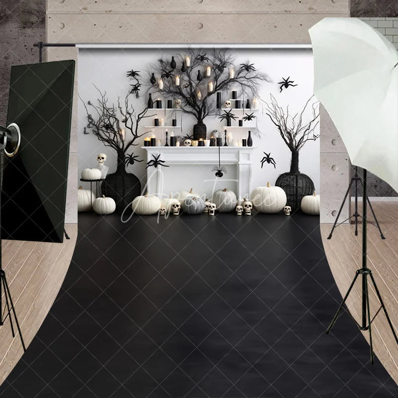 Aperturee - Aperturee Elegant Black and White Halloween Sweep Backdrop featuring Spooky Pumpkins Spiders and Tree Decor