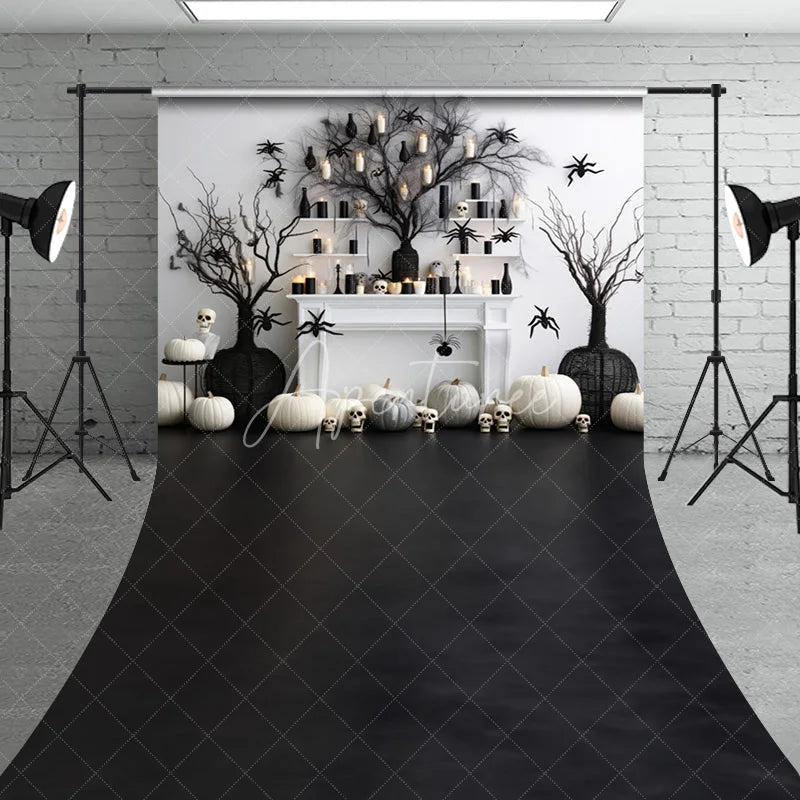 Aperturee - Aperturee Elegant Black and White Halloween Sweep Backdrop featuring Spooky Pumpkins Spiders and Tree Decor
