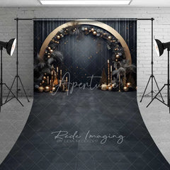 Aperturee - Aperturee Elegant Black Gold Arch Sweep Backdrop Pampas Grass Circle Frame Dark Floor Photo Background