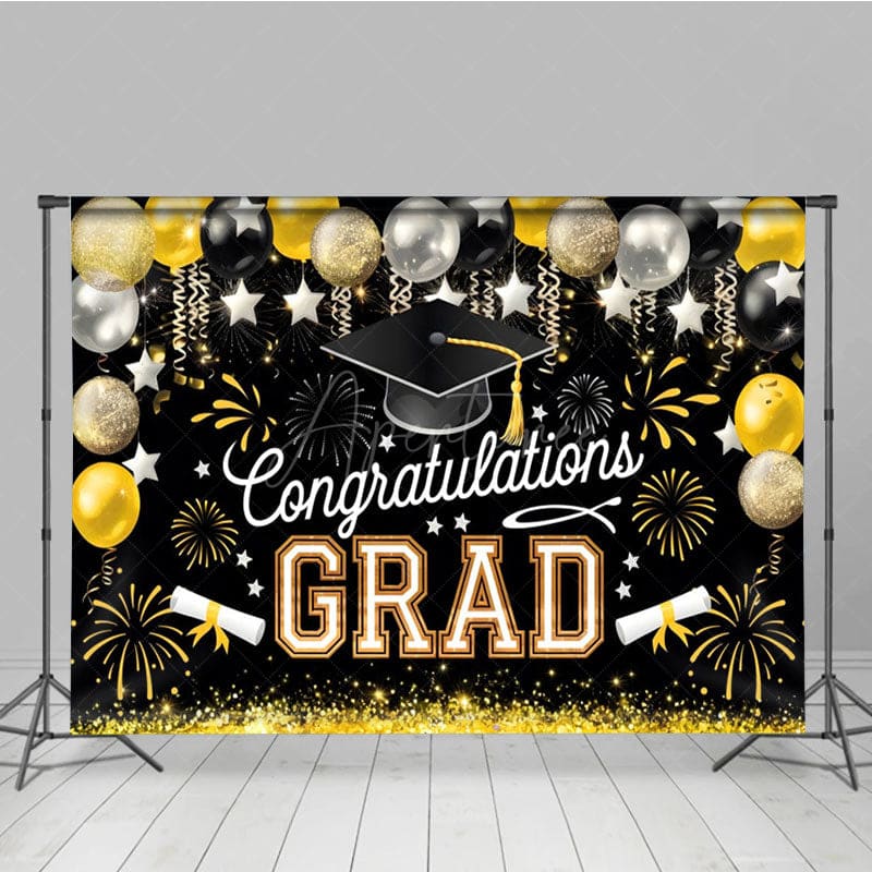 Aperturee - Aperturee Elegant Black Gold Balloons Glitter Backdrop For Grad