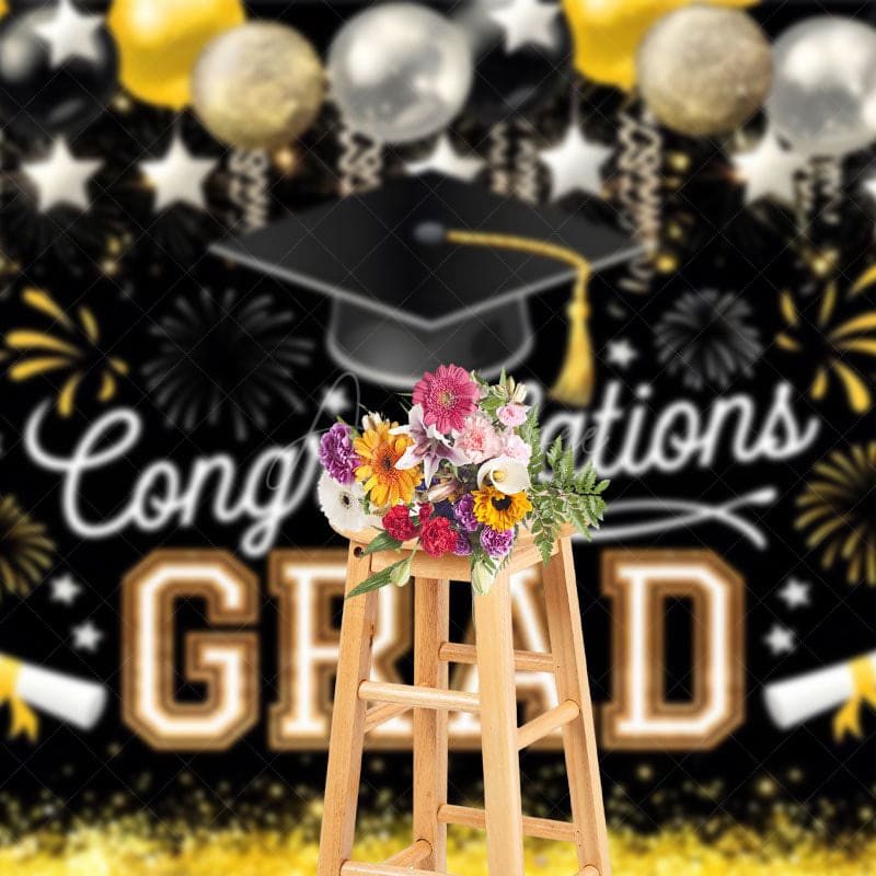 Aperturee - Aperturee Elegant Black Gold Balloons Glitter Backdrop For Grad