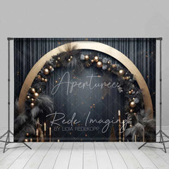 Aperturee - Aperturee Elegant Black Gold Christmas Backdrop Circular Arch Pampas Grass Ornaments Dark Curtain Photo Background