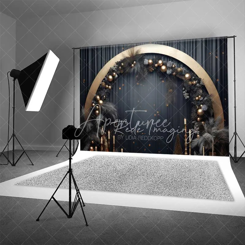 Aperturee - Aperturee Elegant Black Gold Christmas Backdrop Circular Arch Pampas Grass Ornaments Dark Curtain Photo Background