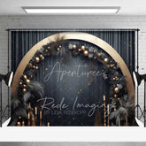Aperturee - Aperturee Elegant Black Gold Christmas Backdrop Circular Arch Pampas Grass Ornaments Dark Curtain Photo Background