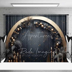 Aperturee - Aperturee Elegant Black Gold Christmas Backdrop Circular Arch Pampas Grass Ornaments Dark Curtain Photo Background
