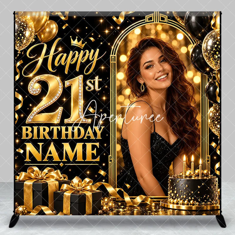 Aperturee - Aperturee Elegant Black Gold Glitter Diamond Happy 21st Birthday Custom Backdrop Personalized Party Celebration Decor
