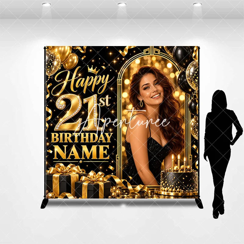 Aperturee - Aperturee Elegant Black Gold Glitter Diamond Happy 21st Birthday Custom Backdrop Personalized Party Celebration Decor