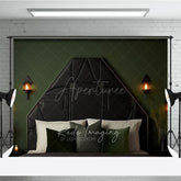 Aperturee Aperturee Elegant Black Tufted Headboard Photography Backdrop Dark Green Wall with Sconces Modern Luxury Bedroom Decor