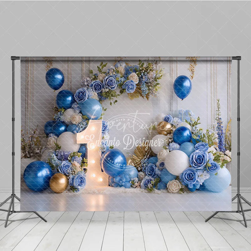 Aperturee - Aperturee Elegant Blue and Gold Balloons with Flowers First Birthday Photography Backdrop Baby Shower Cake Smash Decor