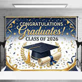 Aperturee - Aperturee Elegant Blue and Gold Graduation Photography Backdrop for Class of 2026 Featuring Cap and Diploma