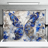 Aperturee - Aperturee Elegant Blue and Silver Ornate Butterfly Photography Backdrop Intricate Floral Textured Design for Fine Art Portraits.